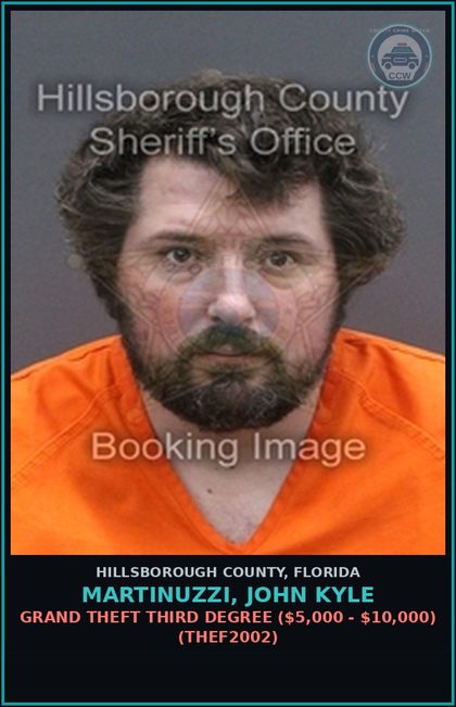 CCW arrest card for MARTINUZZI, JOHN KYLE in Hillsborough County: DEALING IN STOLEN PROPERTY (THEF5000)