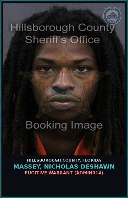 CCW arrest card for MASSEY, NICHOLAS DESHAWN in Hillsborough County: FUGITIVE WARRANT (ADMIN014)