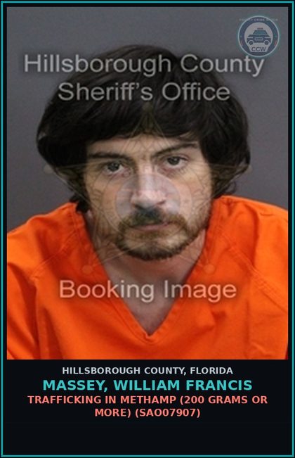 CCW arrest card for MASSEY, WILLIAM FRANCIS in Hillsborough County: TRAFFICKING IN Methamp (200 GRAMS OR MORE) (SAO07907)