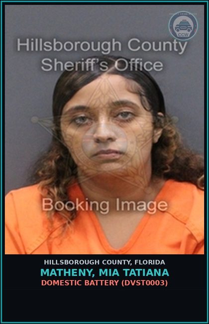 CCW arrest card for MATHENY, MIA TATIANA in Hillsborough County: DOMESTIC BATTERY (DVST0003)