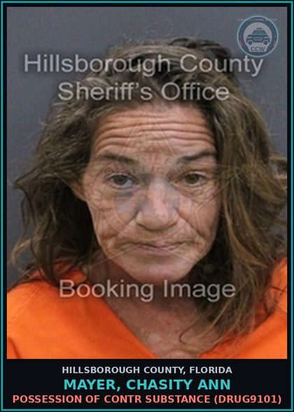 CCW arrest card for MAYER, CHASITY ANN in Hillsborough County: POSSESSION OF contr substance (DRUG9101)