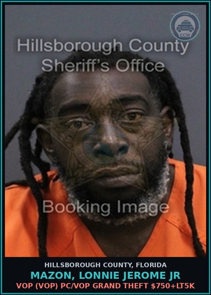 CCW arrest card for MAZON, LONNIE JEROME JR in Hillsborough County: DRIVING WITH LICENSE CANCELED, SUSPENDED, OR REVOKED (3RD OFFENSE) (TRAF6077)