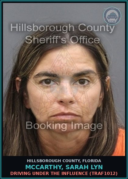CCW arrest card for MCCARTHY, SARAH LYN in Hillsborough County: DRIVING UNDER THE INFLUENCE (TRAF1012)
