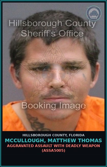 CCW arrest card for MCCULLOUGH, MATTHEW THOMAS in Hillsborough County: AGGRAVATED ASSAULT WITH DEADLY WEAPON (ASSA5005)