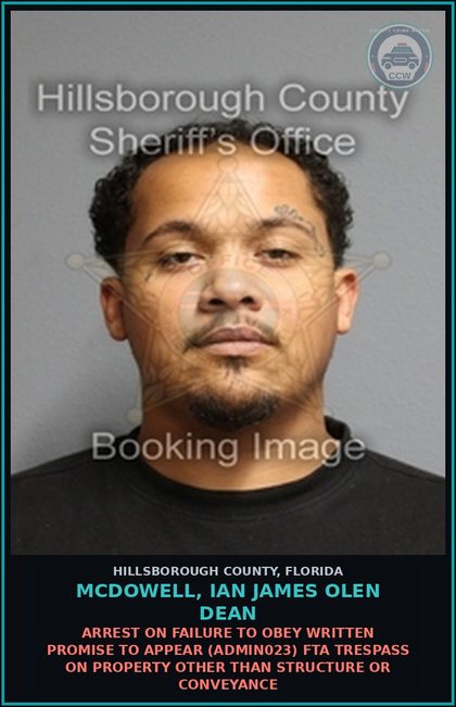CCW arrest card for MCDOWELL, IAN JAMES OLEN DEAN in Hillsborough County: ARREST ON FAILURE TO OBEY WRITTEN PROMISE TO APPEAR (ADMIN023) FTA TRESPASS ON PROPERTY OTHER THAN STRUCTURE OR CONVEYANCE