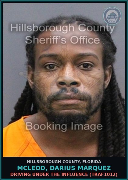 CCW arrest card for MCLEOD, DARIUS MARQUEZ in Hillsborough County: DRIVING UNDER THE INFLUENCE (TRAF1012)