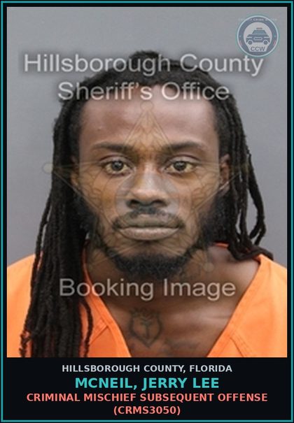 CCW arrest card for MCNEIL, JERRY LEE in Hillsborough County: CRIMINAL MISCHIEF SUBSEQUENT OFFENSE (CRMS3050)