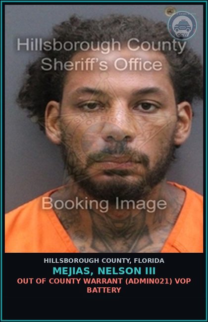 CCW arrest card for MEJIAS, NELSON III in Hillsborough County: OUT OF COUNTY WARRANT (ADMIN021) VOP BATTERY