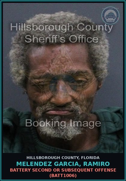 CCW arrest card for MELENDEZ GARCIA, RAMIRO in Hillsborough County: BATTERY SECOND OR SUBSEQUENT OFFENSE (BATT1006)