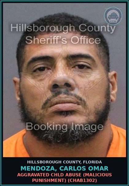 CCW arrest card for MENDOZA, CARLOS OMAR in Hillsborough County: AGGRAVATED chld ABUSE (MALICIOUS PUNISHMENT) (CHAB1302)