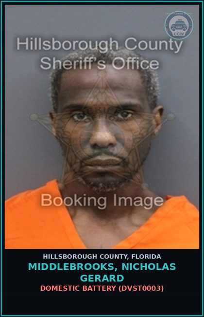 CCW arrest card for MIDDLEBROOKS, NICHOLAS GERARD in Hillsborough County: DOMESTIC BATTERY (DVST0003)