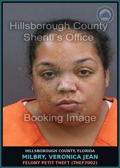 CCW arrest card for MILBRY, VERONICA JEAN in Hillsborough County: FELONY PETIT THEFT (THEF7002)