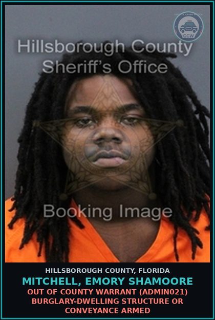 CCW arrest card for MITCHELL, EMORY SHAMOORE in Hillsborough County: OUT OF COUNTY WARRANT (ADMIN021) BURGLARY-DWELLING STRUCTURE OR CONVEYANCE ARMED