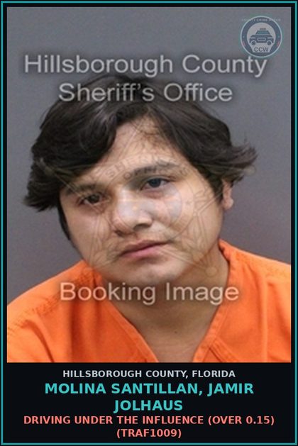 CCW arrest card for MOLINA SANTILLAN, JAMIR JOLHAUS in Hillsborough County: DRIVING UNDER THE INFLUENCE (OVER 0.15) (TRAF1009)
