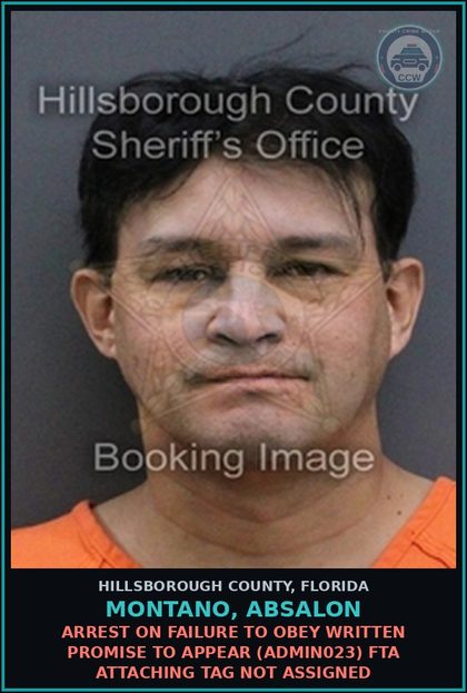CCW arrest card for MONTANO, ABSALON in Hillsborough County: ARREST ON FAILURE TO OBEY WRITTEN PROMISE TO APPEAR (ADMIN023) FTA ATTACHING TAG NOT ASSIGNED