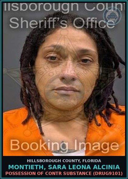 CCW arrest card for MONTIETH, SARA LEONA ALCINIA in Hillsborough County: POSSESSION OF contr substance (DRUG9101)