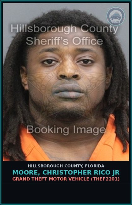 CCW arrest card for MOORE, CHRISTOPHER RICO JR in Hillsborough County: GRAND THEFT MOTOR VEHICLE (THEF2201)