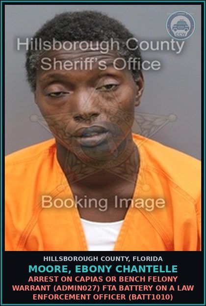 CCW arrest card for MOORE, EBONY CHANTELLE in Hillsborough County: ARREST ON CAPIAS OR BENCH FELONY WARRANT (ADMIN027) FTA BATTERY ON A LAW ENFORCEMENT OFFICER (BATT1010)