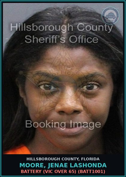 CCW arrest card for MOORE, JENAE LASHONDA in Hillsborough County: BATTERY (VICTIM OVER 65) (BATT1001)