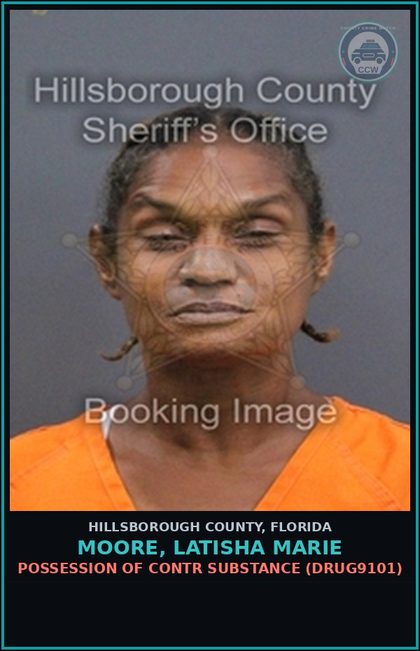CCW arrest card for MOORE, LATISHA MARIE in Hillsborough County, Florida: POSSESSION OF contr substance (DRUG9101)