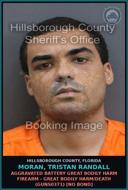 CCW arrest card for MORAN, TRISTAN RANDALL in Hillsborough County: AGGRAVATED BATTERY GREAT BODILY HARM FIREARM - GREAT BODILY HARM/DEATH (GUNS0371) [NO BOND]