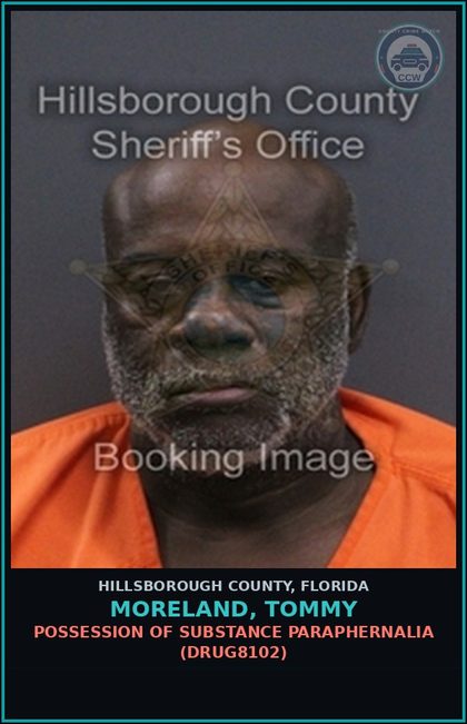 CCW arrest card for MORELAND, TOMMY in Hillsborough County: POSSESSION OF DRUG PARAPHERNALIA (DRUG8102)