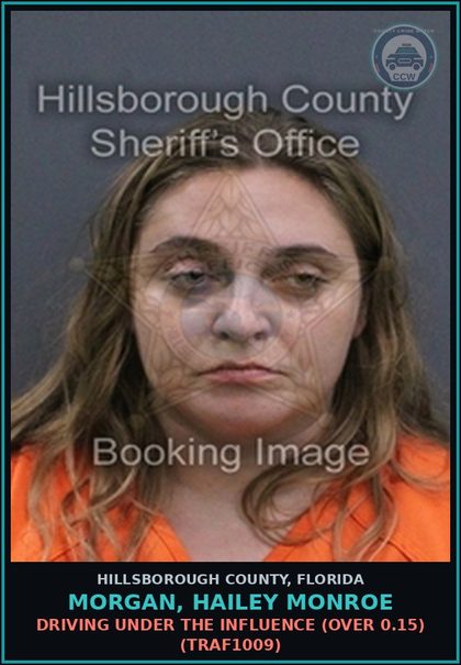 CCW arrest card for MORGAN, HAILEY MONROE in Hillsborough County: DRIVING UNDER THE INFLUENCE (OVER 0.15) (TRAF1009)