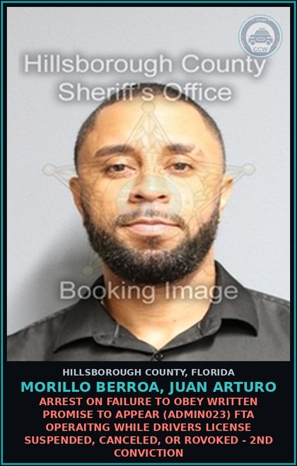 CCW arrest card for MORILLO BERROA, JUAN ARTURO in Hillsborough County: ARREST ON FAILURE TO OBEY WRITTEN PROMISE TO APPEAR (ADMIN023) FTA OPERAITNG WHILE DRIVERS LICENSE SUSPENDED, CANCELED, OR ROVOKED - 2ND CONVICTION