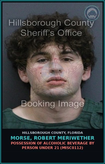 CCW arrest card for MORSE, ROBERT MERIWETHER in Hillsborough County: POSSESSION OF ALCOHOLIC BEVERAGE BY PERSON UNDER 21 (MISC0112)
