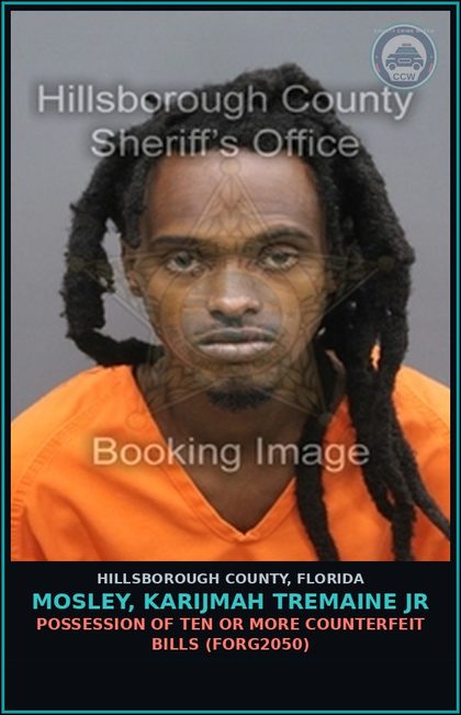 CCW arrest card for MOSLEY, KARIJMAH TREMAINE JR in Hillsborough County: UTTERING A FORGED BILL (FORG2100)