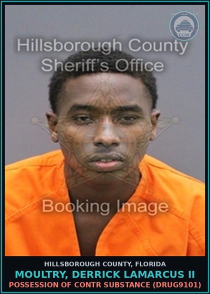 CCW arrest card for MOULTRY, DERRICK LAMARCUS II in Hillsborough County: POSSESSION OF contr substance (DRUG9101)