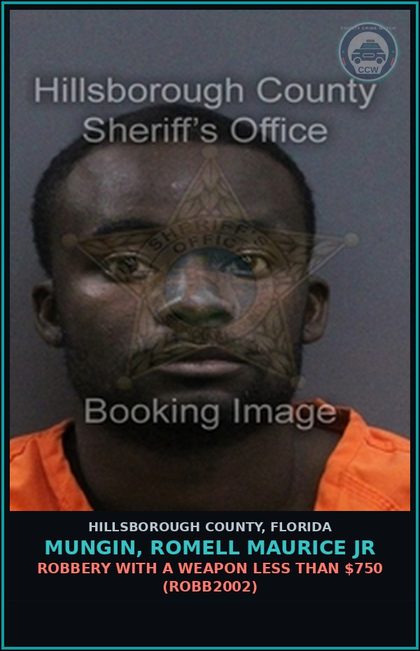 CCW arrest card for MUNGIN, ROMELL MAURICE JR in Hillsborough County: ROBBERY WITH A WEAPON LESS THAN $750 (ROBB2002)