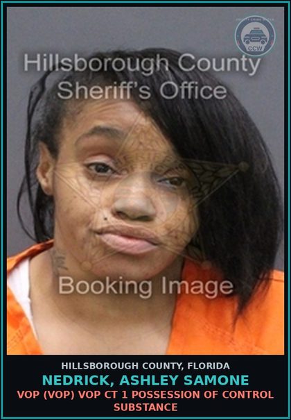 CCW arrest card for NEDRICK, ASHLEY SAMONE in Hillsborough County: VOP (VOP) VOP CT 1 POSSESSION OF CONTROL SUBSTANCE