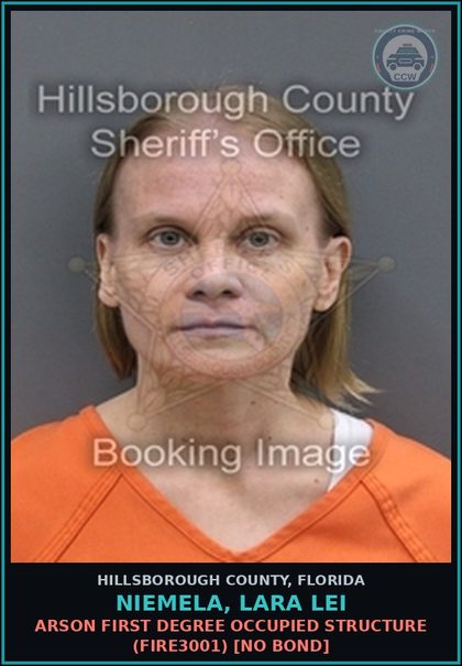 CCW arrest card for NIEMELA, LARA LEI in Hillsborough County: ARSON FIRST DEGREE OCCUPIED STRUCTURE (FIRE3001) [NO BOND]