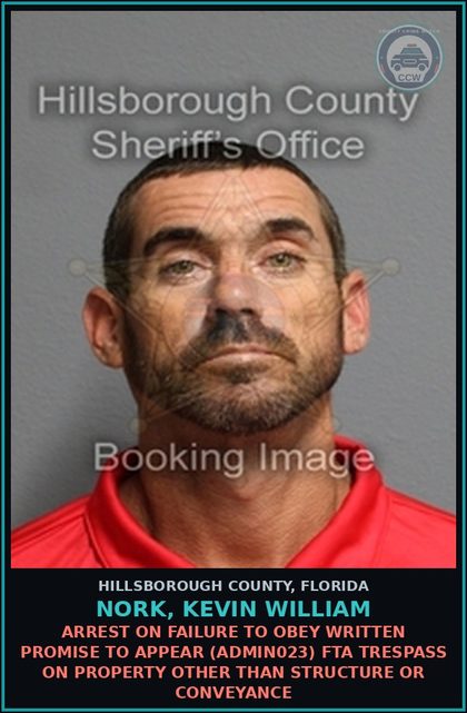 CCW arrest card for NORK, KEVIN WILLIAM in Hillsborough County: ARREST ON FAILURE TO OBEY WRITTEN PROMISE TO APPEAR (ADMIN023) FTA TRESPASS ON PROPERTY OTHER THAN STRUCTURE OR CONVEYANCE