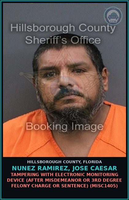 CCW arrest card for NUNEZ RAMIREZ, JOSE CAESAR in Hillsborough County: TAMPERING WITH ELECTRONIC MONITORING DEVICE (AFTER MISDEMEANOR OR 3RD DEGREE FELONY CHARGE OR SENTENCE) (MISC1405)