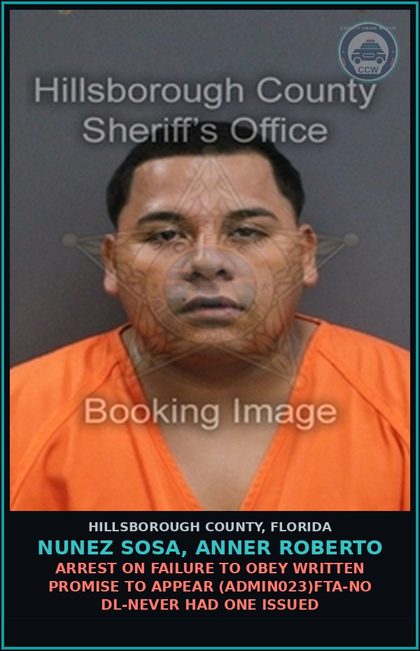 CCW arrest card for NUNEZ SOSA, ANNER ROBERTO in Hillsborough County: ARREST ON FAILURE TO OBEY WRITTEN PROMISE TO APPEAR (ADMIN023)FTA-NO DL-NEVER HAD ONE ISSUED