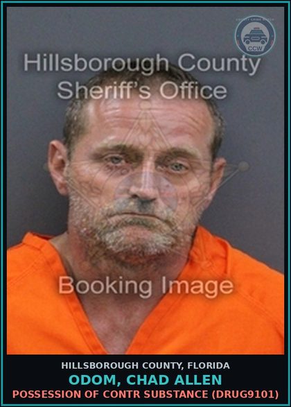 CCW arrest card for ODOM, CHAD ALLEN in Hillsborough County: POSSESSION OF contr substance (DRUG9101)