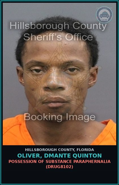 CCW arrest card for OLIVER, DMANTE QUINTON in Hillsborough County: POSSESSION OF DRUG PARAPHERNALIA (DRUG8102)