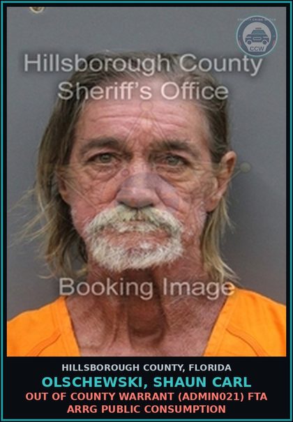 CCW arrest card for OLSCHEWSKI, SHAUN CARL in Hillsborough County: OUT OF COUNTY WARRANT (ADMIN021) FTA ARRG PUBLIC CONSUMPTION