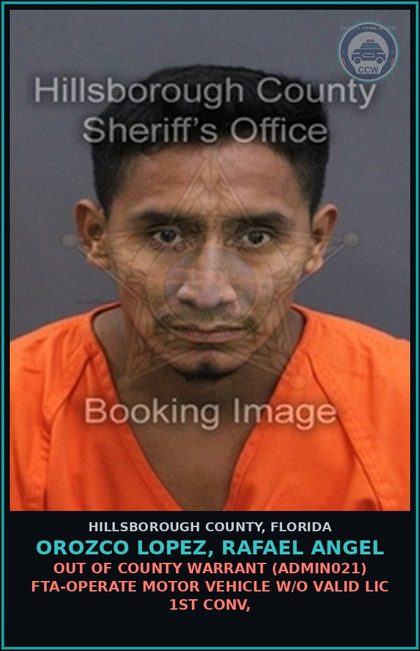 CCW arrest card for OROZCO LOPEZ, RAFAEL ANGEL in Hillsborough County: OUT OF COUNTY WARRANT (ADMIN021) FTA-OPERATE MOTOR VEHICLE W/O VALID LIC 1ST CONV,