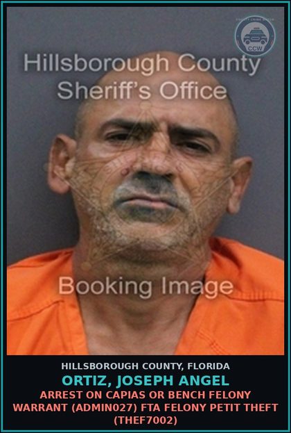 CCW arrest card for ORTIZ, JOSEPH ANGEL in Hillsborough County: ARREST ON CAPIAS OR BENCH FELONY WARRANT (ADMIN027) FTA FELONY PETIT THEFT (THEF7002)