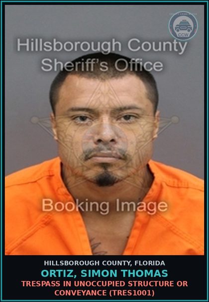 CCW arrest card for ORTIZ, SIMON THOMAS in Hillsborough County: TRESPASS IN UNOCCUPIED STRUCTURE OR CONVEYANCE (TRES1001)