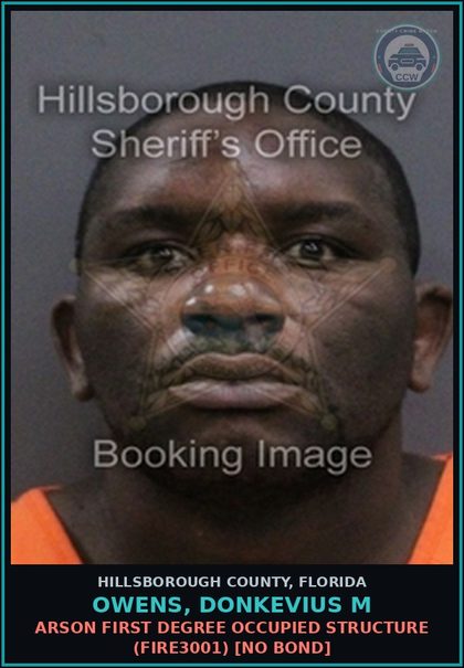 CCW arrest card for OWENS, DONKEVIUS M in Hillsborough County: OUT OF COUNTY WARRANT (ADMIN021) FELONY BATTERY PRIOR CONVICTION