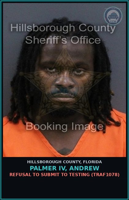 CCW arrest card for PALMER IV, ANDREW in Hillsborough County: REFUSAL TO SUBMIT TO TESTING (TRAF1078)