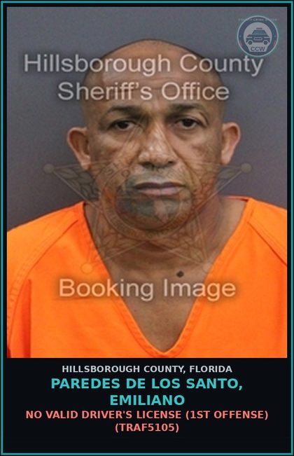 CCW arrest card for PAREDES DE LOS SANTO, EMILIANO in Hillsborough County: NO VALID DRIVER'S LICENSE (1ST OFFENSE) (TRAF5105)