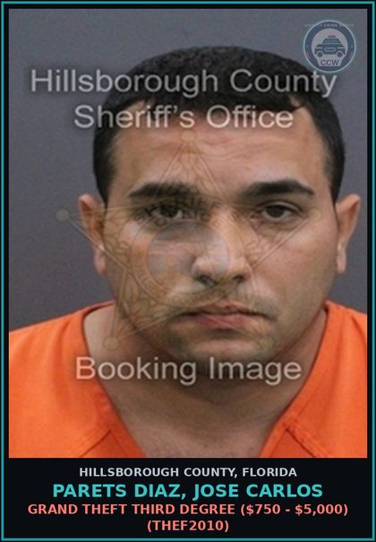 CCW arrest card for PARETS DIAZ, JOSE CARLOS in Hillsborough County: TRESPASS ON POSTED COMMERCIAL AGRICULTURAL PROPERTY (TRES6040)