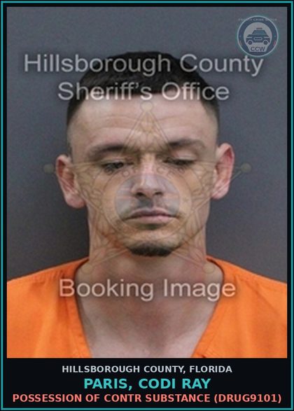CCW arrest card for PARIS, CODI RAY in Hillsborough County: POSSESSION OF contr substance (DRUG9101)