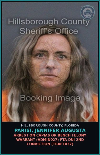 CCW arrest card for PARISI, JENNIFER AUGUSTA in Hillsborough County: ARREST ON CAPIAS OR BENCH FELONY WARRANT (ADMIN027) FTA DUI 2ND CONVICTION (TRAF1037)