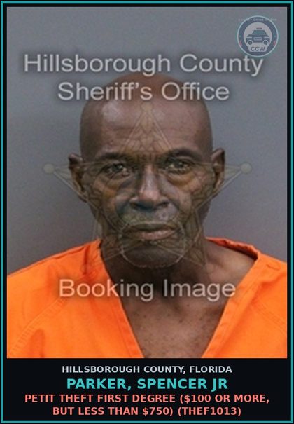 CCW arrest card for PARKER, SPENCER JR in Hillsborough County: PETIT THEFT FIRST DEGREE ($100 OR MORE, BUT LESS THAN $750) (THEF1013)
